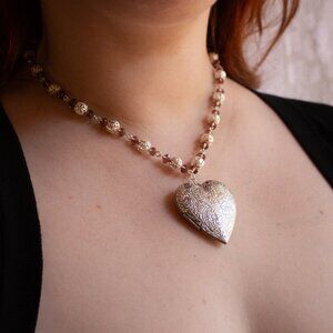 Purple and Silver Beaded Heart Locket Necklace – Vintage Inspired Oversized